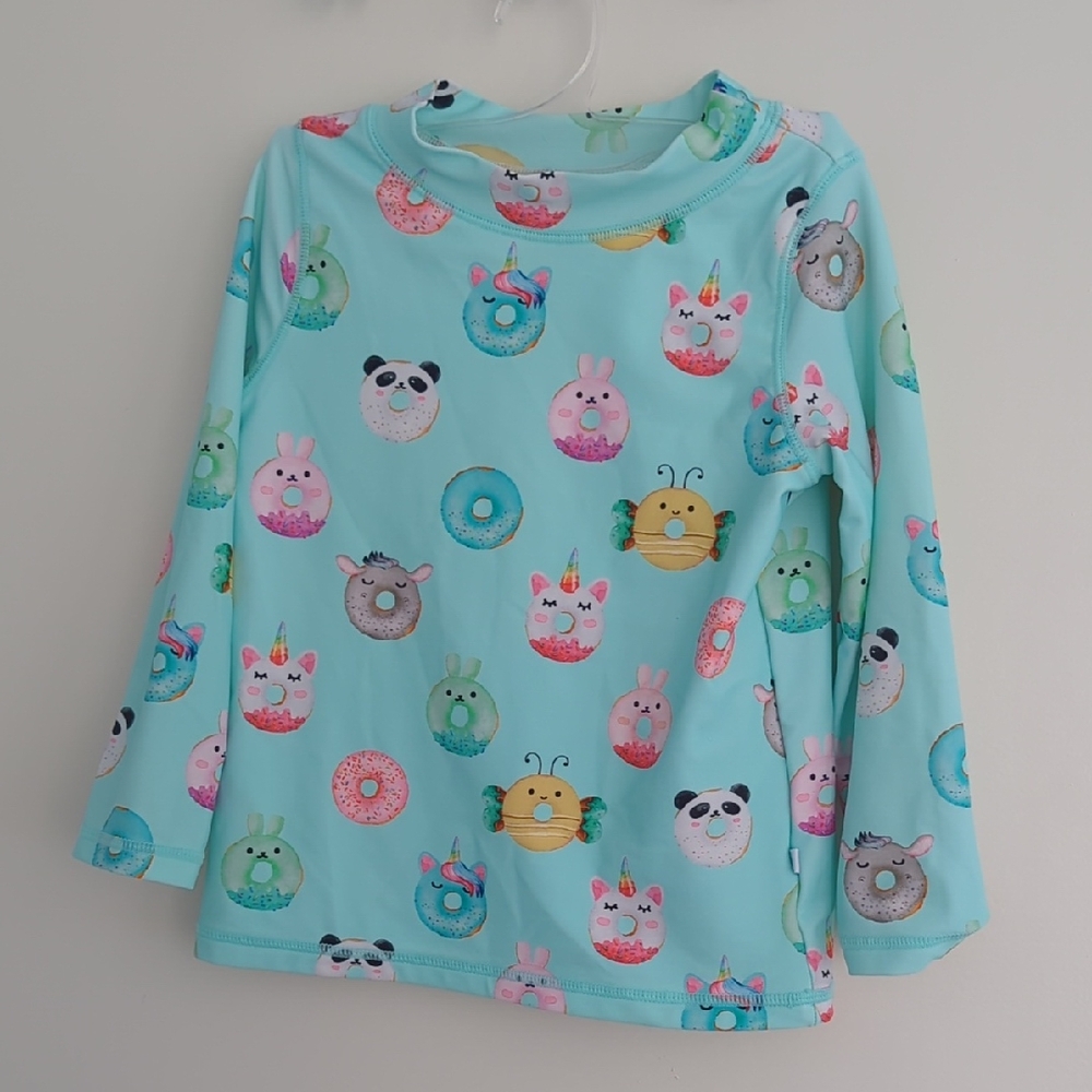 Cute Aqua Long Sleeve Swim Rashguard Shirt with Donut Print Size 3T